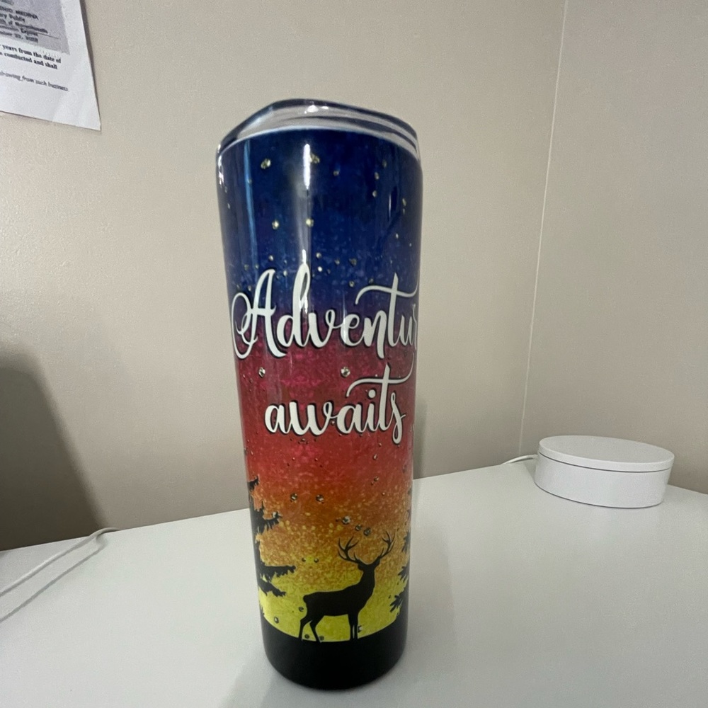 Adventures Await 20 oz skinny tumbler